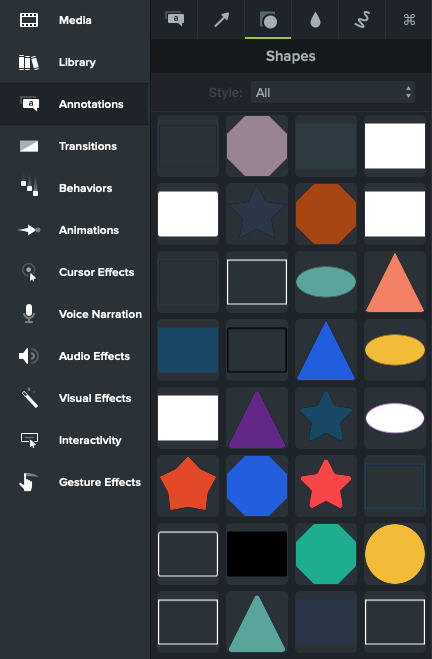 Illustration of The Shapes Tab within the Annotations Bin