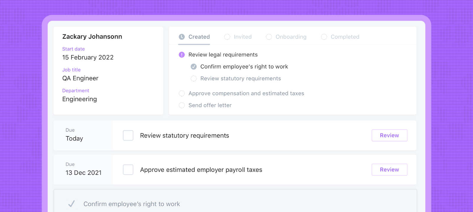 Screenshot of an employee profile in the Hiring page.