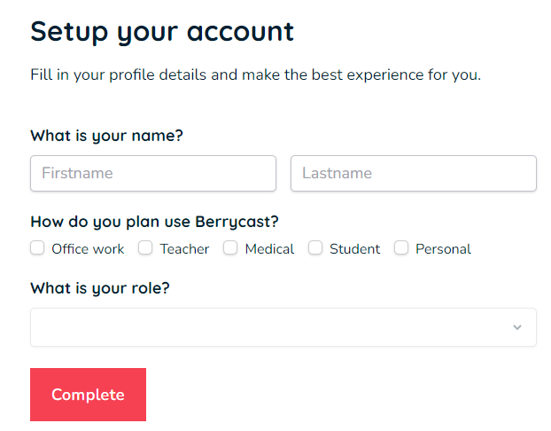 Berrycast complete account setup