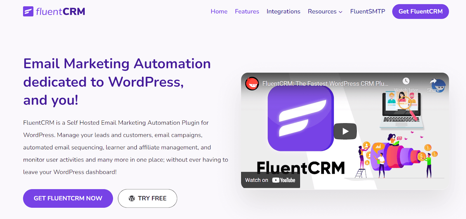 FluentCRM website home page, one of the best CRM plugins for WordPress