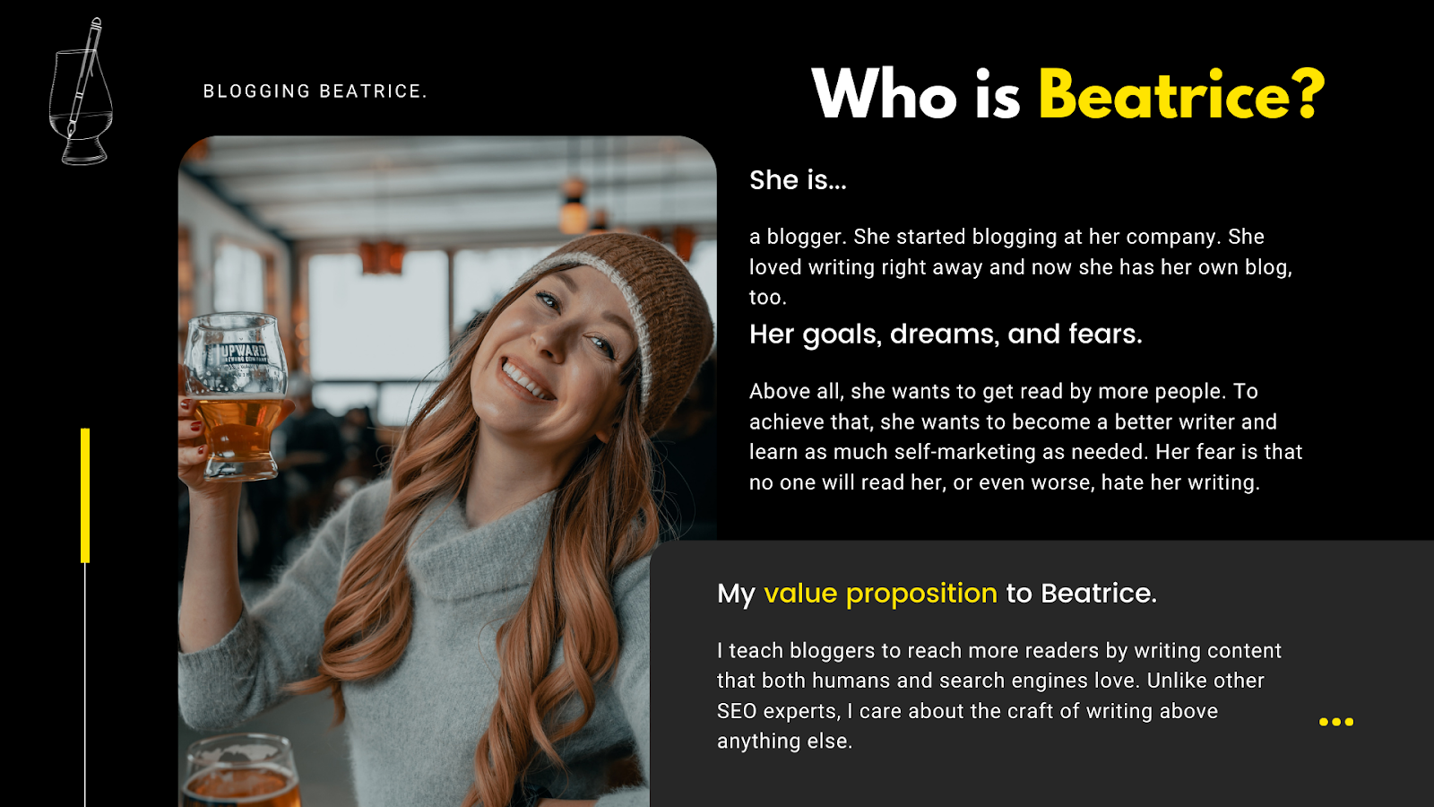 Copyneat persona called Blogging Beatrice (a blogger who started blogging at her company and loved writing right away and now she has her own blog, too).