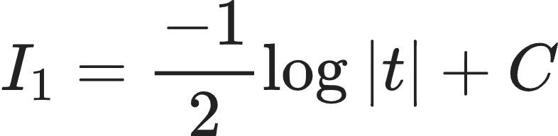 {"type":"align*","id":"11-1-1-0","font":{"color":"#222222","family":"Arial","size":10},"code":"\\begin{align*}\n{I_{1}}&={\\frac{-1}{2}\\log_{}\\left|t\\right|+C}\t\n\\end{align*}","ts":1601124998897,"cs":"Z7aRKX2vlhgbwgpHw9fwVA==","size":{"width":130,"height":32}}