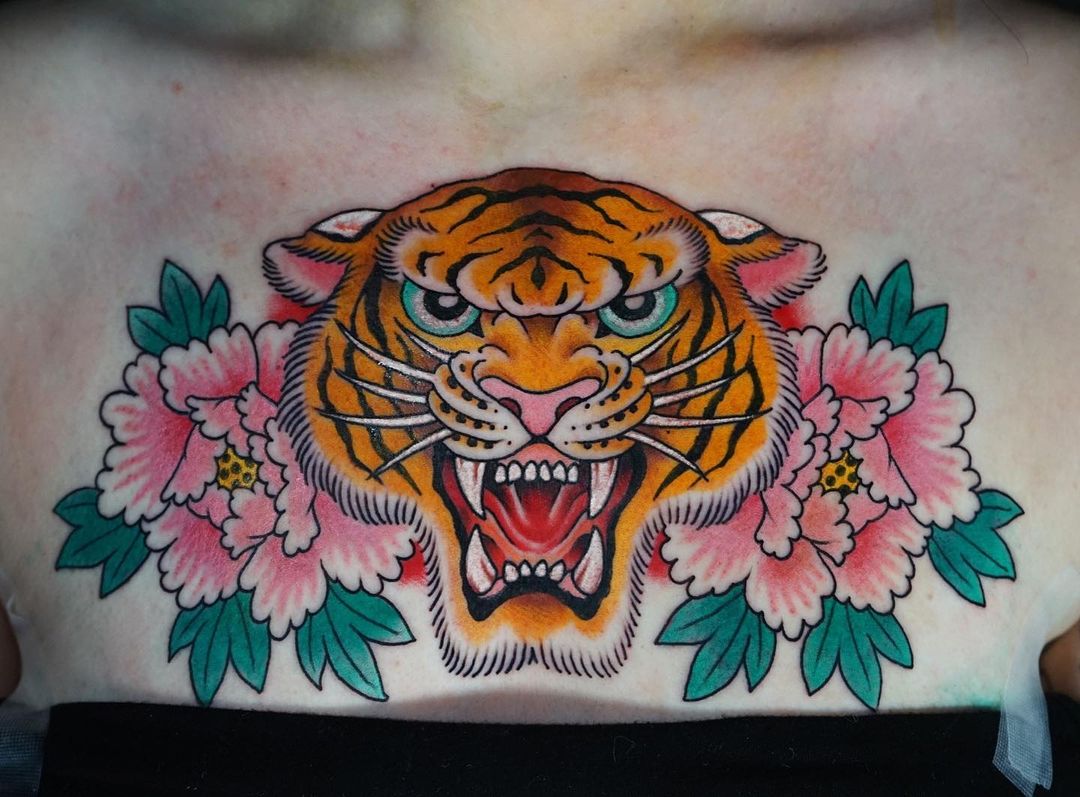 Fierce Tiger and Pink Flowers Tattoo 