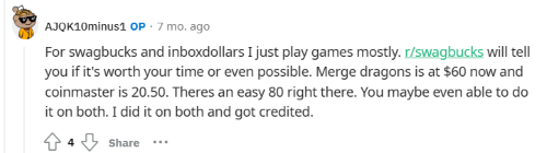 Reddit user explaining how they not only complete surveys for gift cards, but they also play online games. 