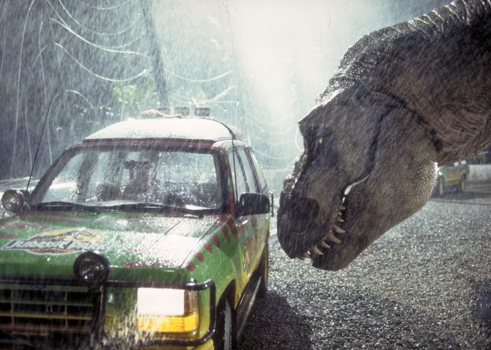 A scene from Jurassic Park with a T-Rex