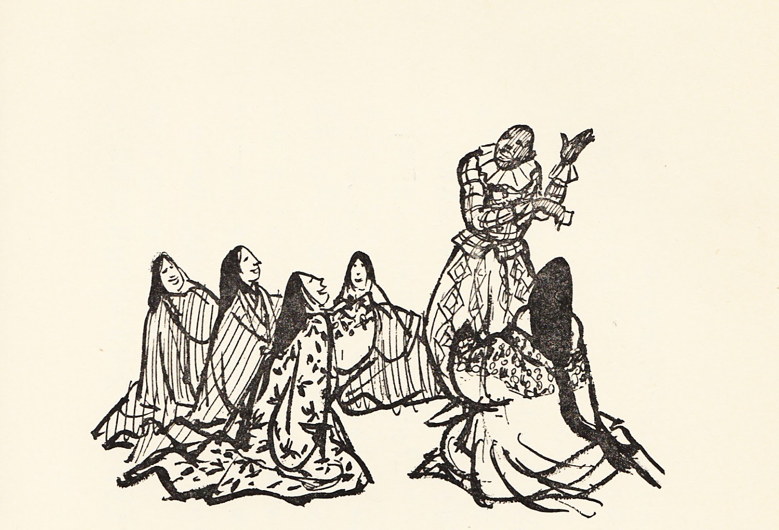 Yasuke impressing a group of Japanese ladies with his intelligence and charm from the Japanese children's book KURO-SUKE (1968)
