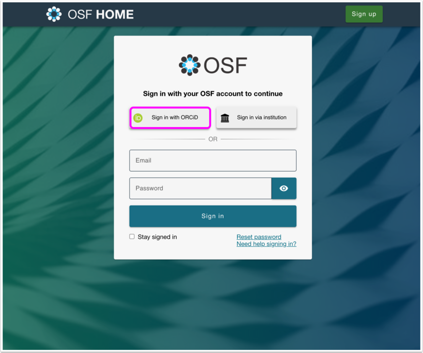 OSF login screen showing Sign in with ORCID button