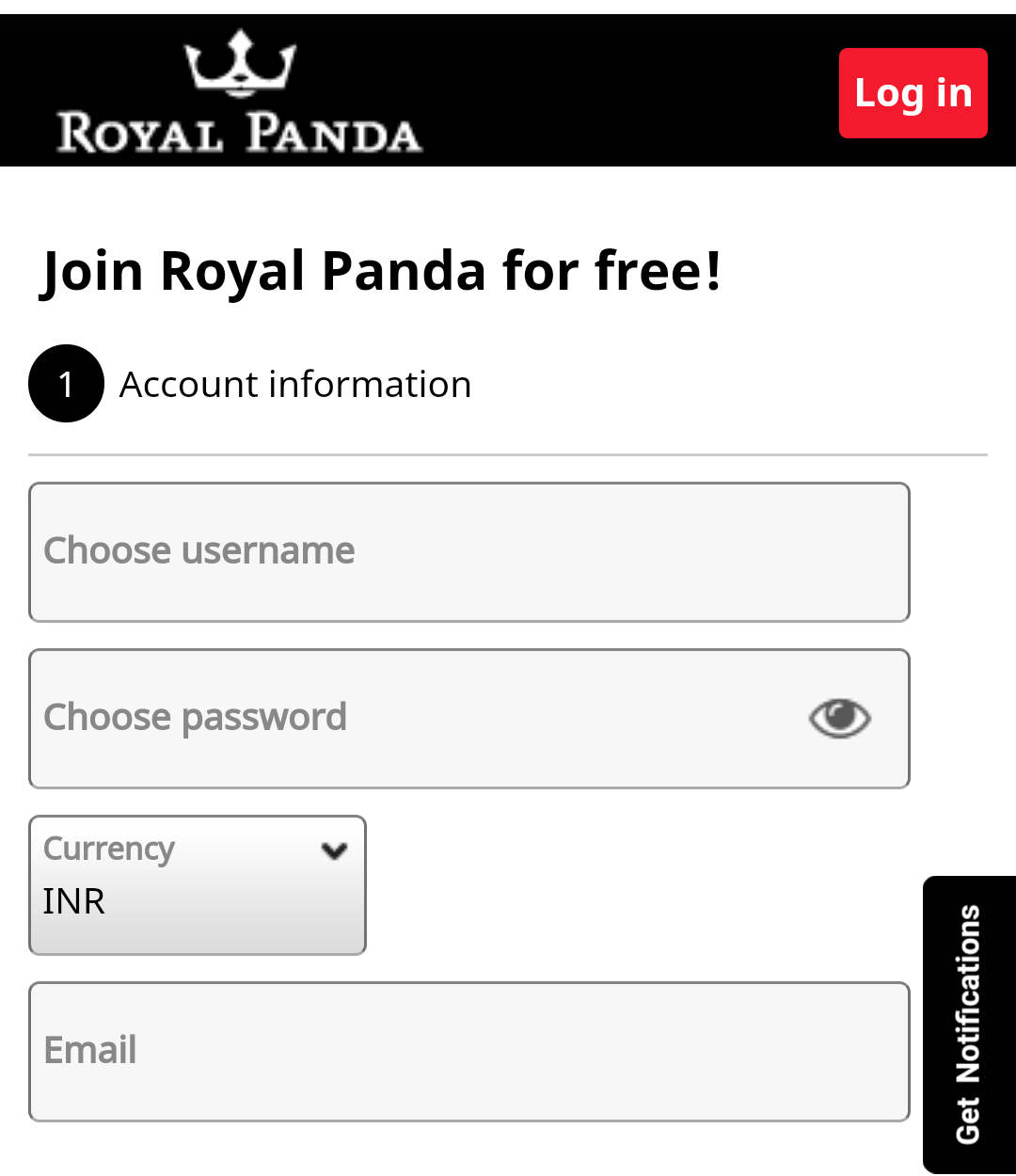 Royal Panda mobile site registration interface
