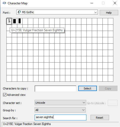 searching for seven-eighths symbol in character map view