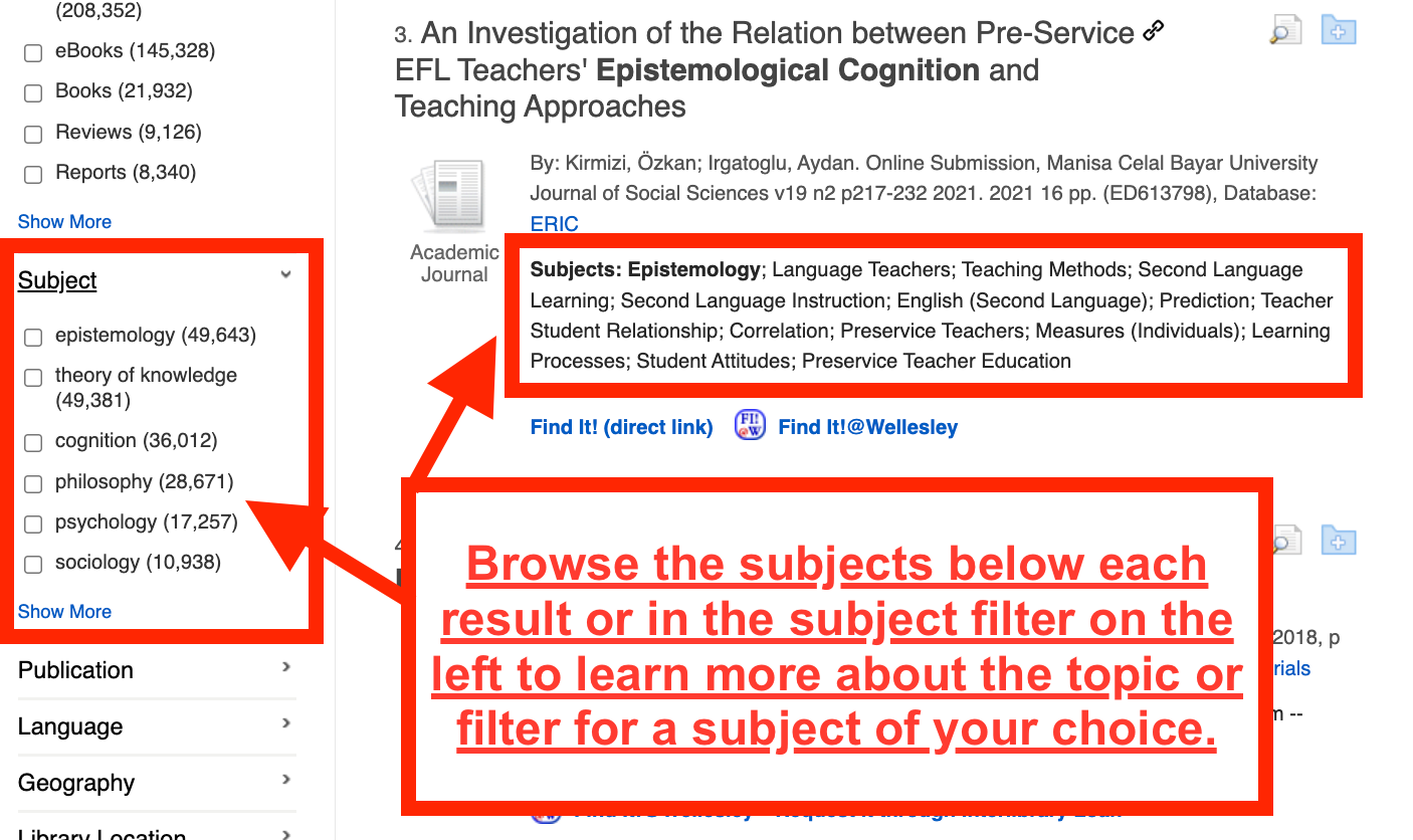 On the SuperSearch results page, browse the subjects below each result or in the Subject filter on the left to learn more about the topic. You can also filter for a subject of your choice.