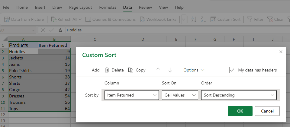 An image showing the custom sort option.