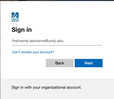 Umass Boston Sign In page asking you to sign in with firstname.lastname@umb.edu