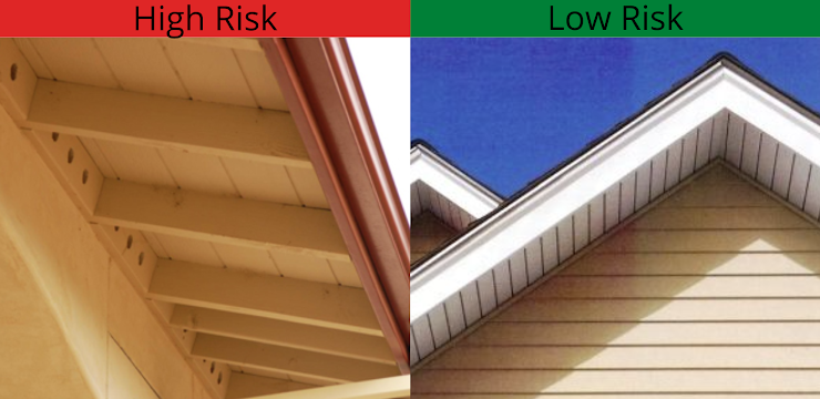 Unenclosed eaves allow for embers to get into cracks, vents, and corners. Enclosing your eaves and soffits with ignition resistant material can help avoid this.