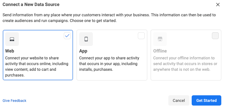 The Web selection of the "Connect a New Data Source" selection