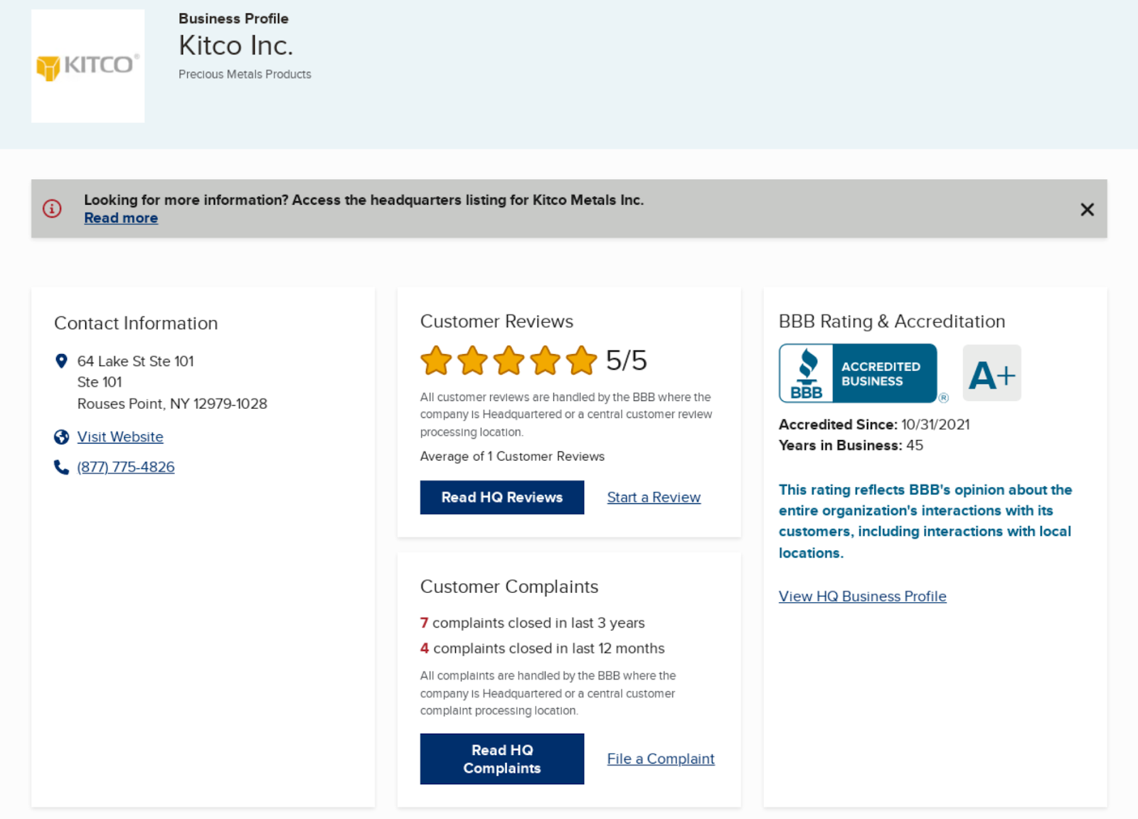 Kitco reviews and ratings on BBB