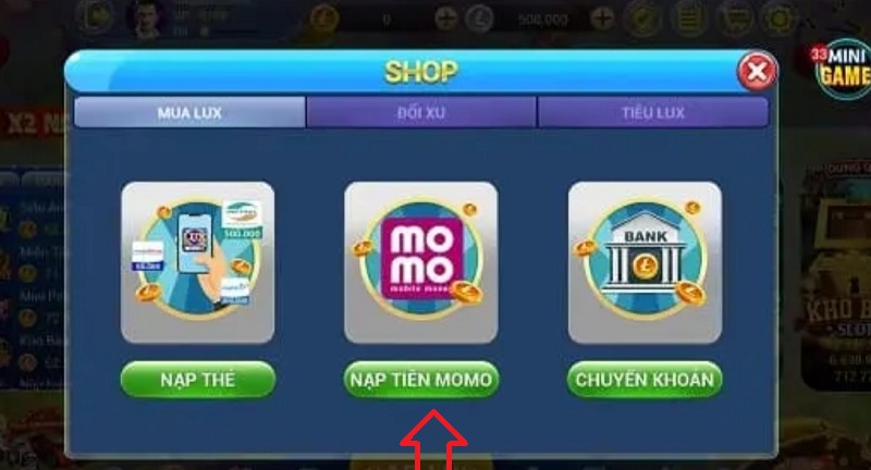 Chọn nạp tiền qua ví điện tử Momo tại cổng game bài Lux39