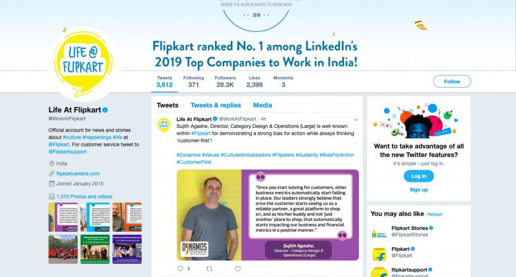 snapshot of the official Twitter profile for Life At Flipkart
