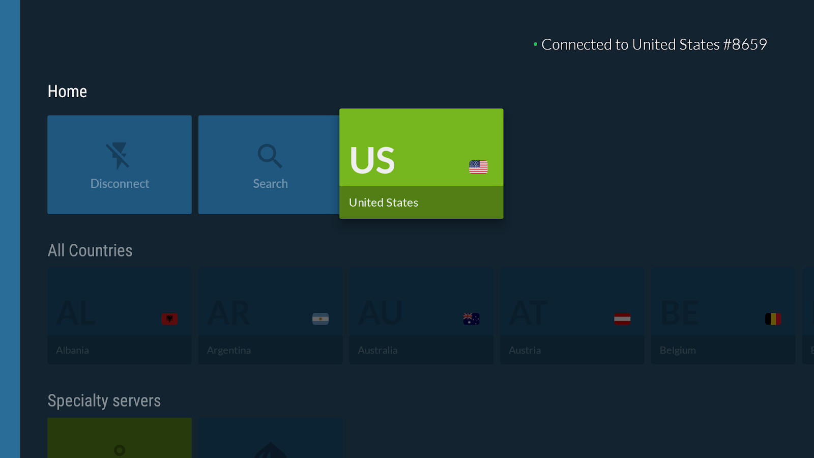 NordVPN connected to the United States on smart TV