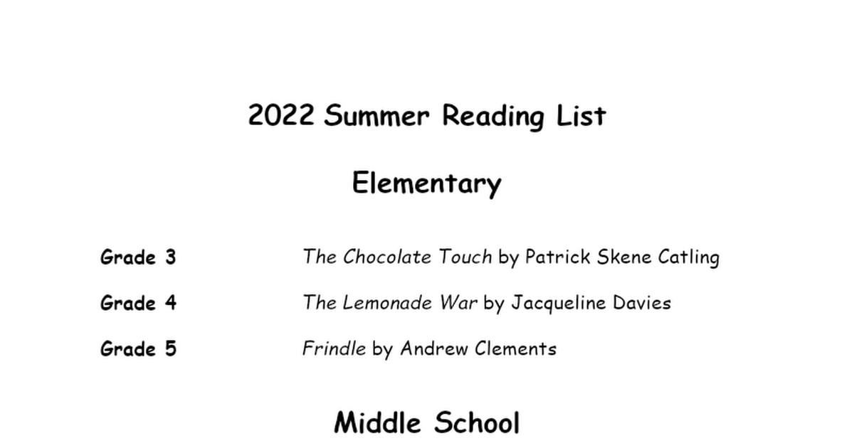 2021 Elementary Summer Reading List
