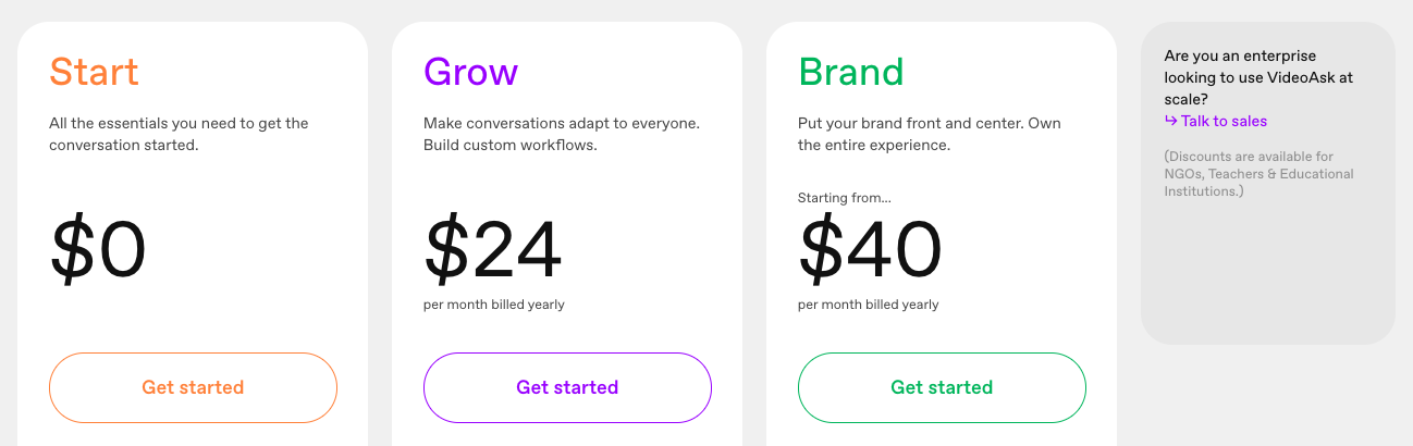 VideoAsk pricing: Start is Free, Grow is $24/month, Brand is $40/month.