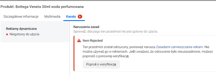 Odrzucona reklama na facebooku - komunikat (screen)