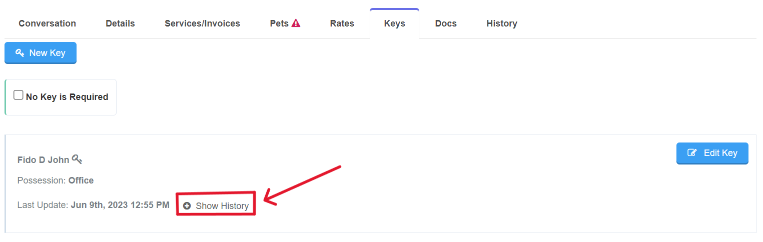 screenshot of the keys tab on a client's profile with a box around and an arrow pointing to the show history button