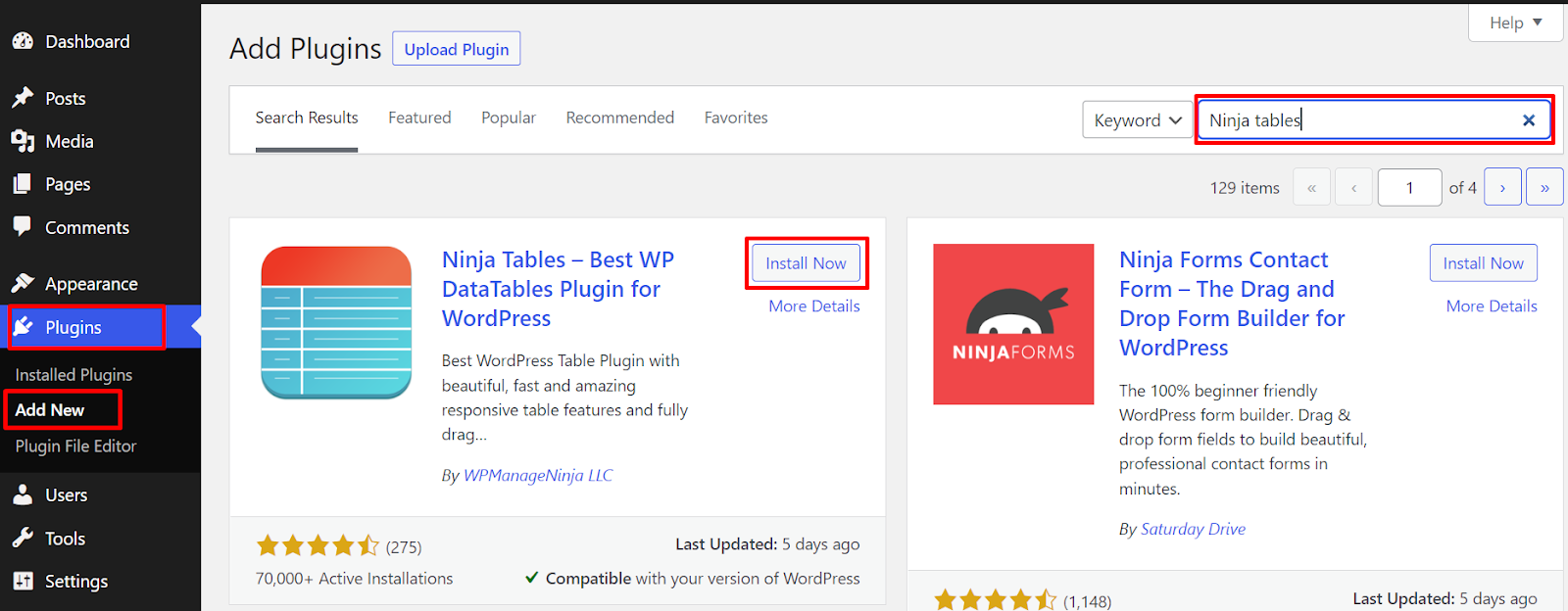Search and install ninja tables