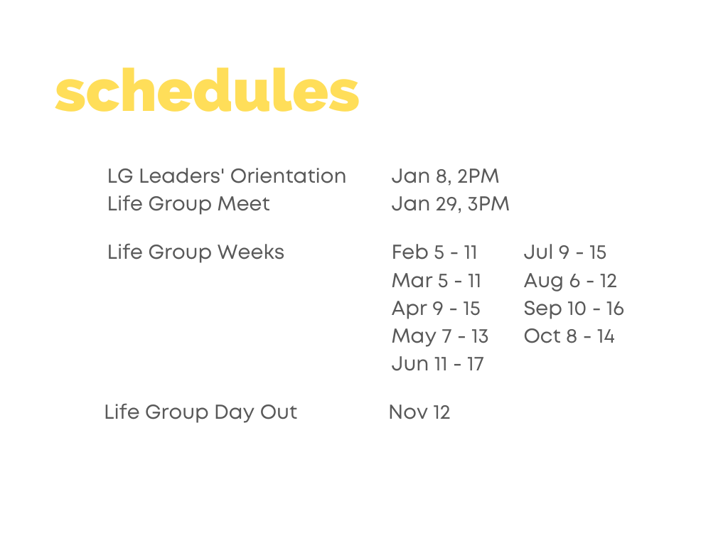 Please consider the schedule for the year as you commit to being a life group leader this year. Block out the dates and let's intentionally do life together!