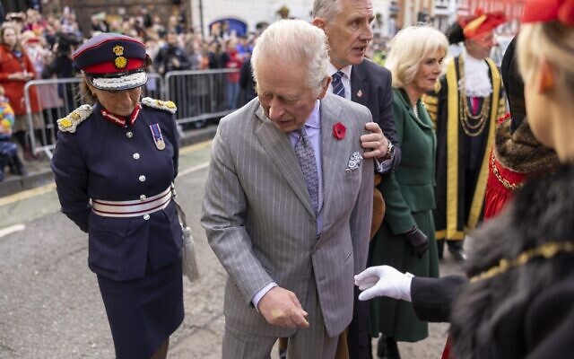 Britain's King Charles III reacts after an egg was thrown in his direction during a ceremony at Micklegate Bar in York, northern England on November 9, 2022 as part of a two-day tour of Yorkshire (James Glossop / POOL / AFP)