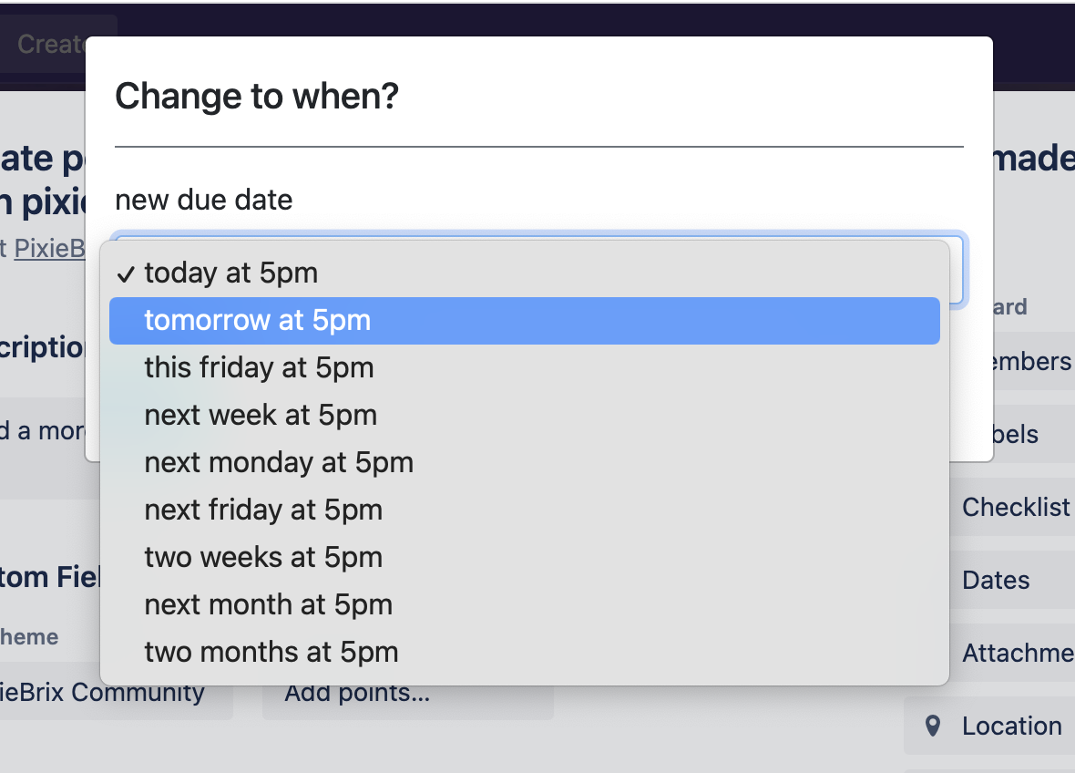 A screenshot of the relative date modal