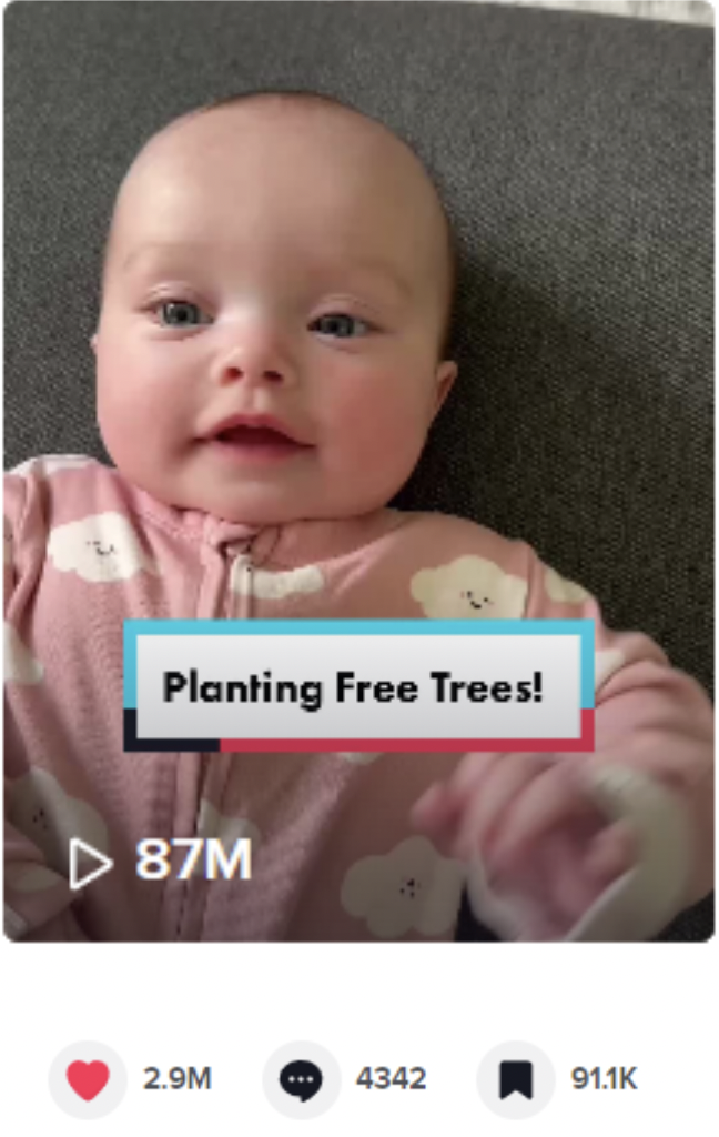 A snapshot of a social media post featuring a photo of a baby and some texts saying "planting free trees"