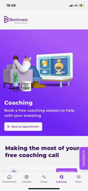 Bestinvest app coaching tab for Bestinvest review