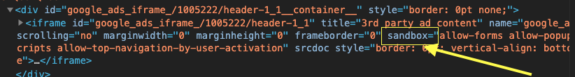 Screenshot of Chrome Developer Tools, showing an ad iframe that has the sandbox attribute