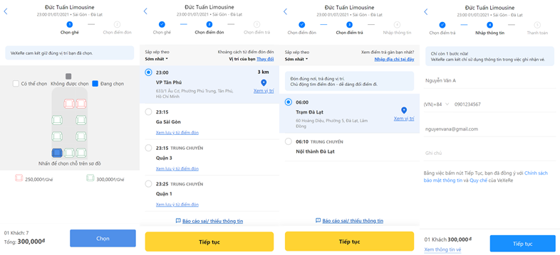 Chọn giờ, chỗ mong muốn, điểm đón/trả và điền đầy đủ thông tin.