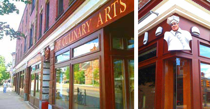 Two photos next to each other. Photo on left is a street level view of a three story brick building with sign that reads "Culinary arts." Photo on left is the front of a building with a wooden facade; sculpture of a torso with a white chefs hat and a white jacket.