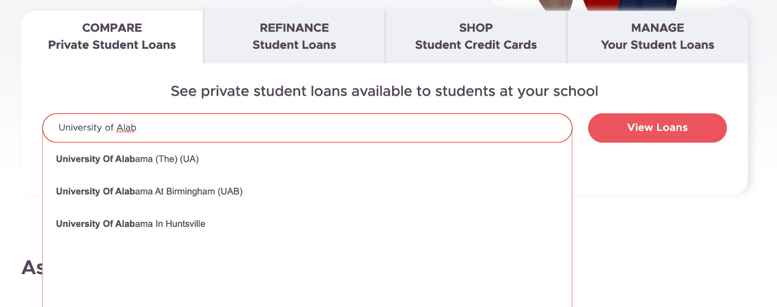 Screenshot of College Finance application process. Search your school.