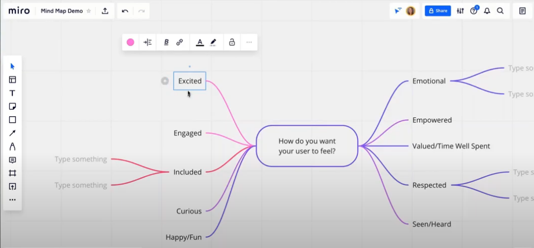 miro mind mapping screenshot covering the question "how do you want your user to feel?"