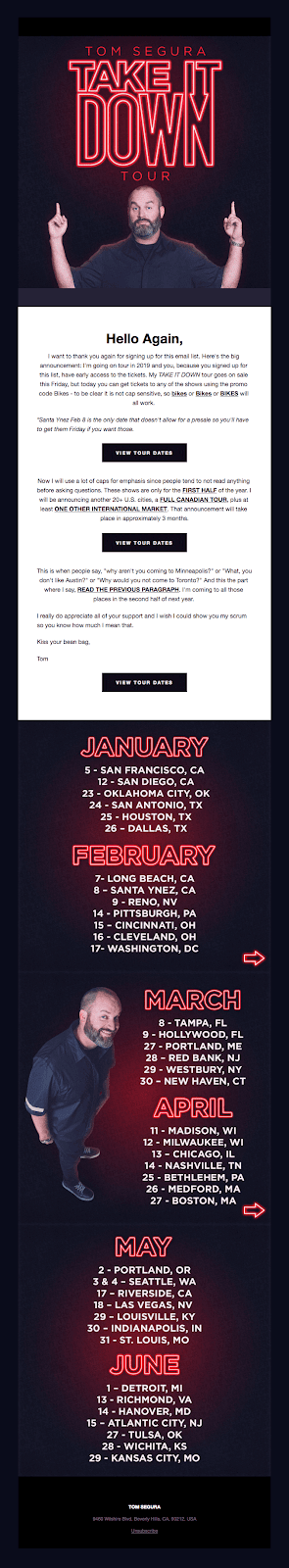 Tom Segura "Take It Down Tour" event invitation email template