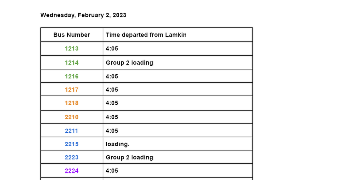 Lamkin Bus Departure Times