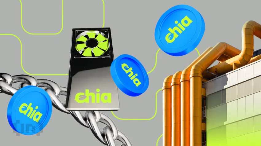 Man sieht mehrere Chia Token, einen Computer mit großer Lüftung, eine Kette und mehrere Metallrohre. Es geht darum, wie Chia Bitcoinaufgaben ohne Umweltschaden lösen will - Ein Bild von BeInCrypto.com.