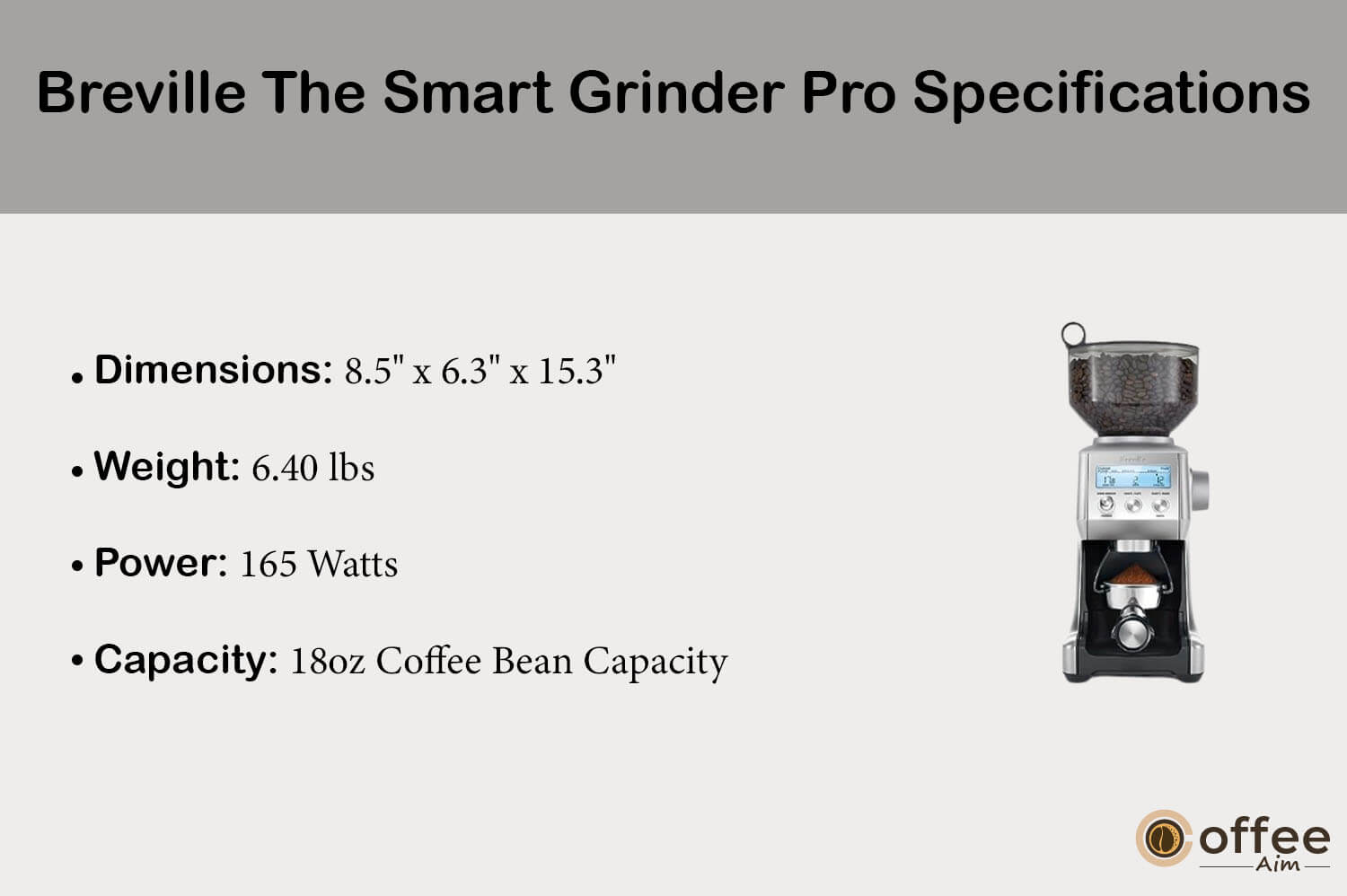 This visual presents the comprehensive specifications of the Breville The Smart Grinder Pro BCG820BSSXL, enhancing your understanding as you delve into our detailed review article titled "Breville The Smart Grinder Pro BCG820BSSXL Review."