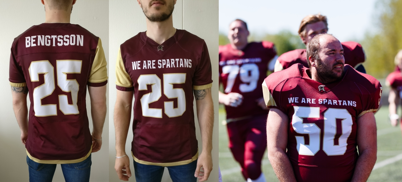 The jeresey is a replica of Spartans original game jersey. Spartans Replica Game Jersey is 90% polyester and 10% spandex and of the highest quality. Numbers and text are sublimed on the shirt for the best quality and appearance.