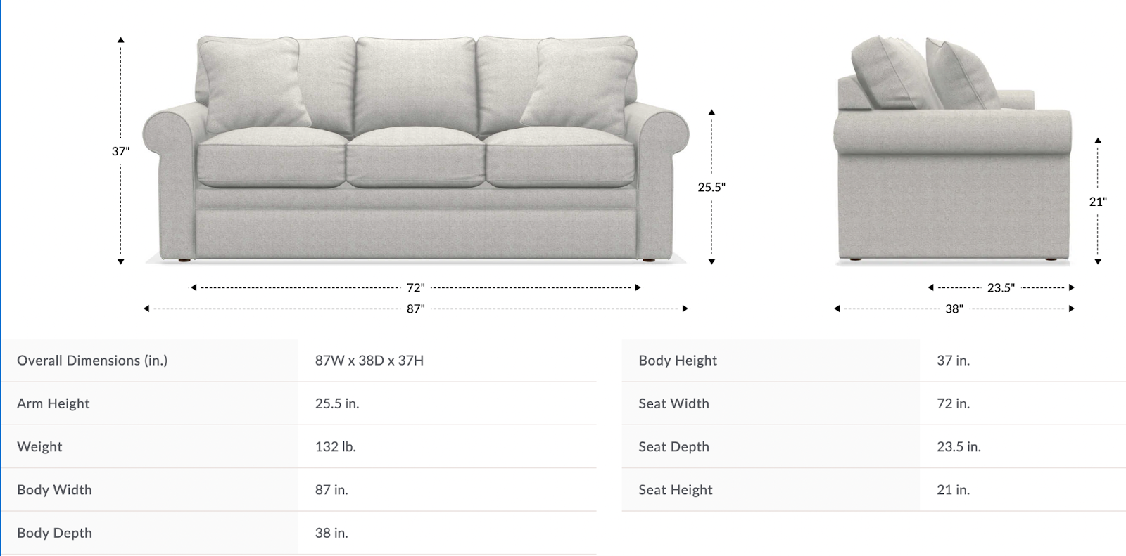 collins sofa dimensions