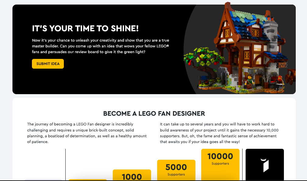 Screengrab of the LEGO Ideas community page.