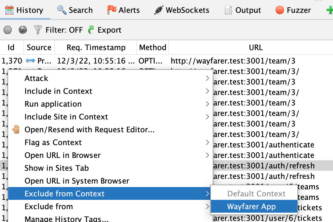 A highlighted path in ZAP's History pane, with the context menu open to the Exclude from Context submenu, with the Wayfarer App item highlighted.