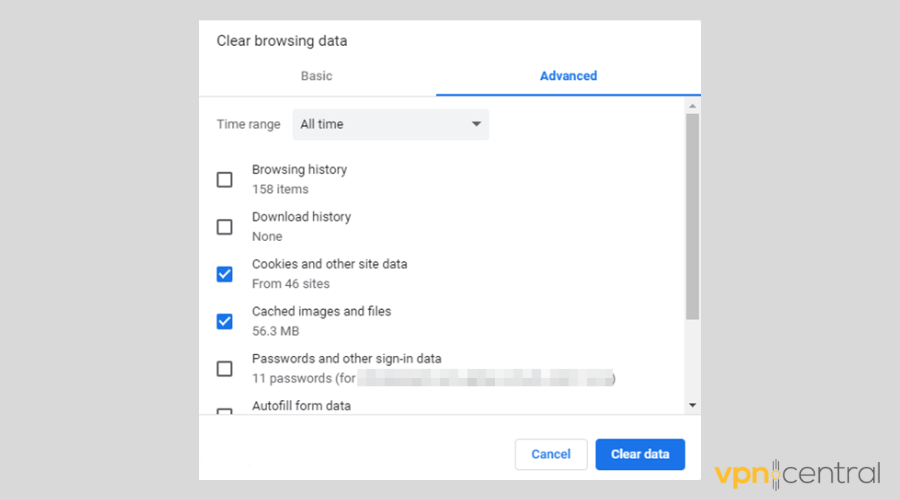 Clear browsing data menu