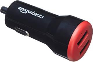 AmazonBasics - Cargador de coche, de 4,8 A / 24 W, 2 puertos USB, para dispositivos Apple y Android, Negro / Rojo