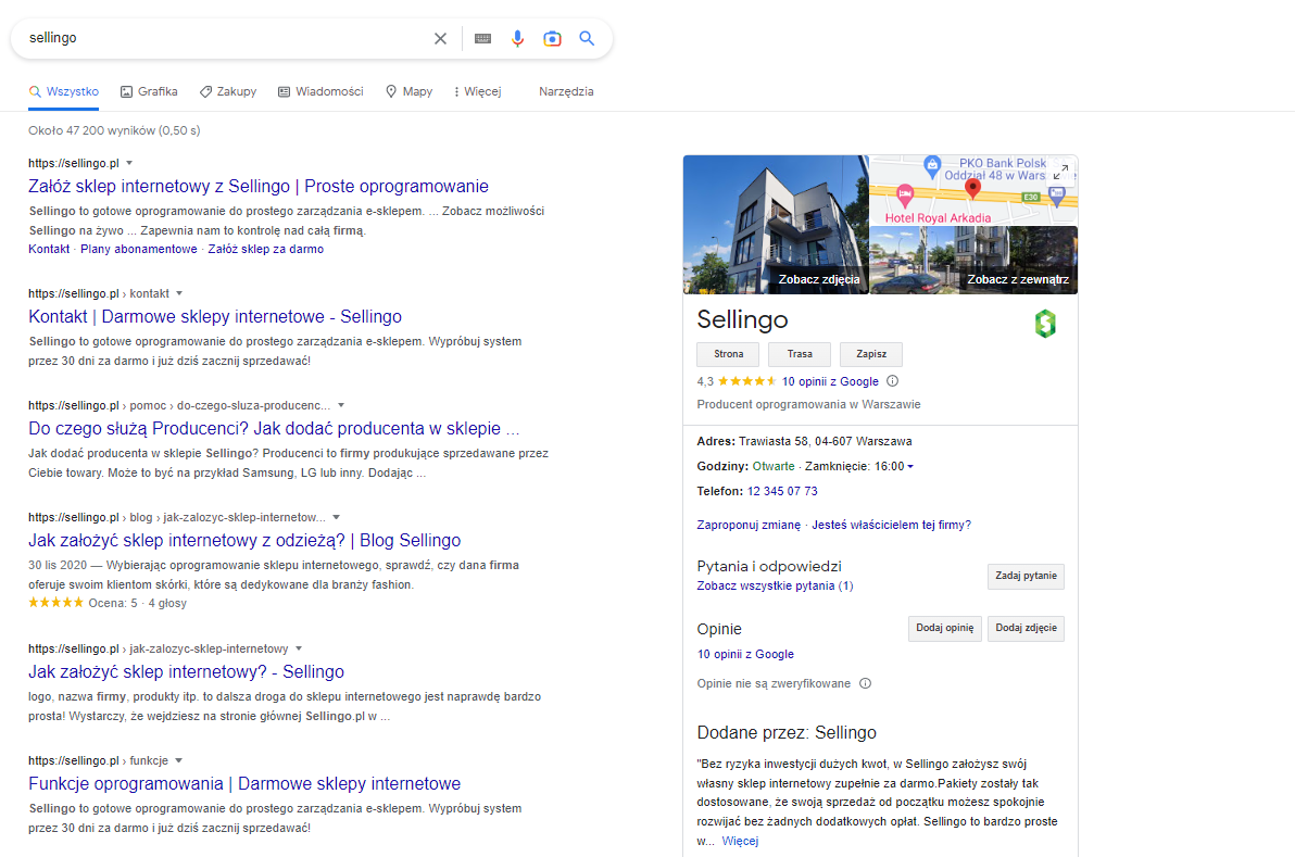 Opis firmy w Google - Sellingo.pl