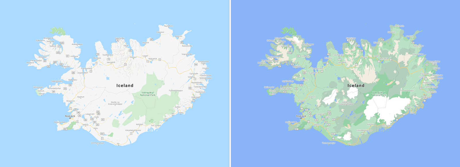 カラーマッピング技術を施したアイスランドの航空地図の画像。