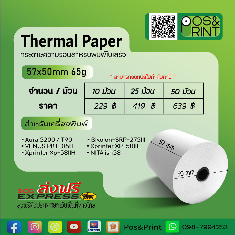 ม้วนกระดาษความร้อน (Thermal Paper rolls)  57×50 mm.